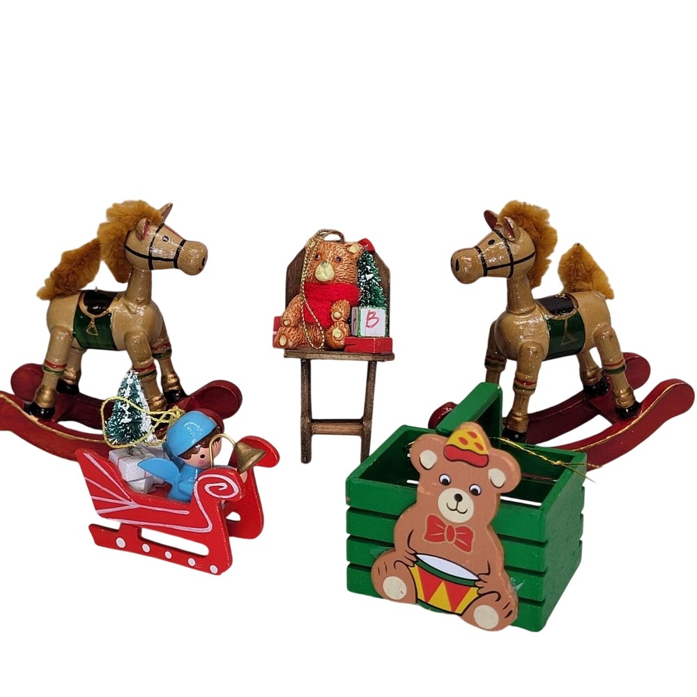 5 Wooden Christmas Ornaments‎ Rocking Horse Sleigh Bear Basket Rocking Chair Vtg